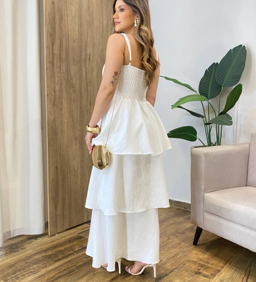 Vestido Feminino Longo Ísis com Bojo em Camadas Off White - Fernanda Ramos Store
