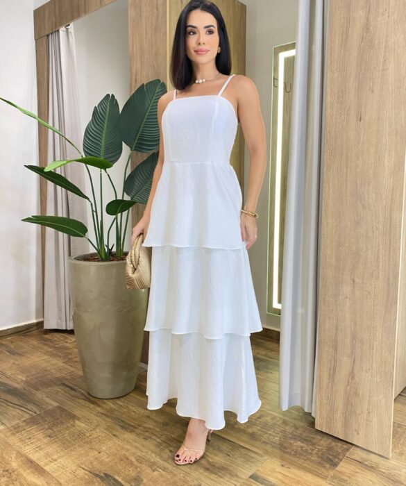 Vestido Feminino Longo Ísis com Bojo em Camadas Off White - Fernanda Ramos Store