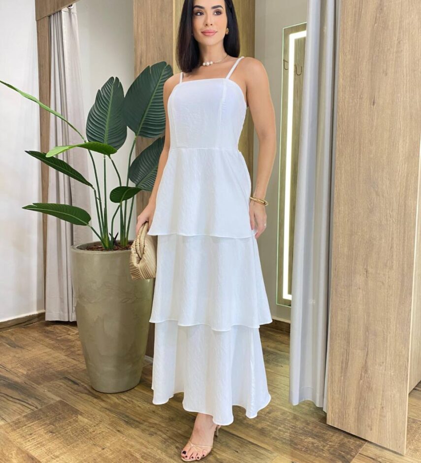 Vestido Feminino Longo Ísis com Bojo em Camadas Off White - Fernanda Ramos Store