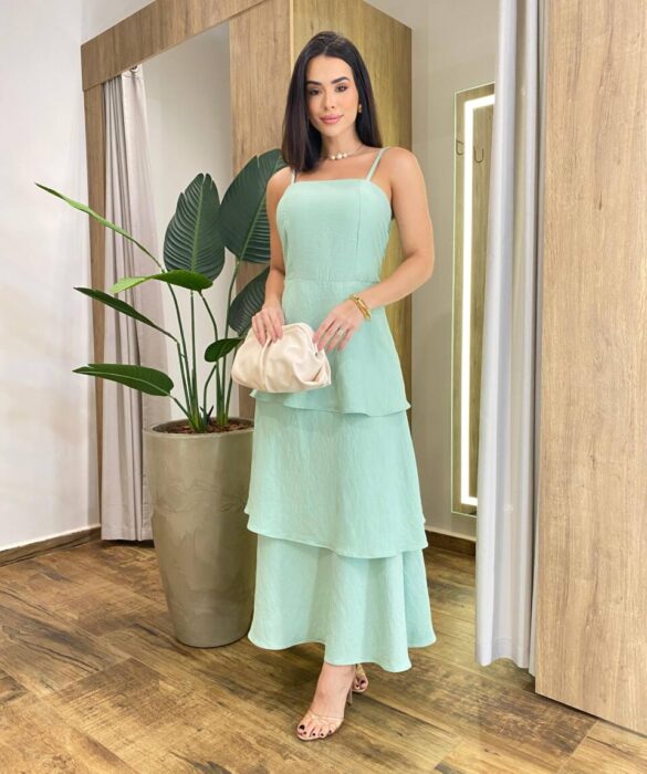 Vestido Feminino Longo Ísis com Bojo em Camadas Verde Menta - Fernanda Ramos Store