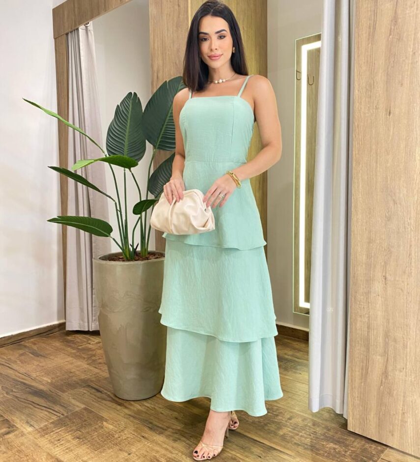 Vestido Feminino Longo Ísis com Bojo em Camadas Verde Menta - Fernanda Ramos Store