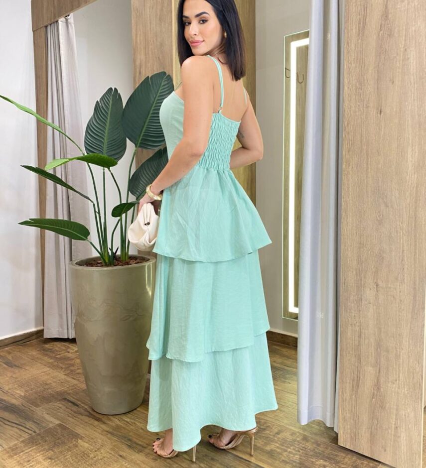 Vestido Feminino Longo Ísis com Bojo em Camadas Verde Menta - Fernanda Ramos Store