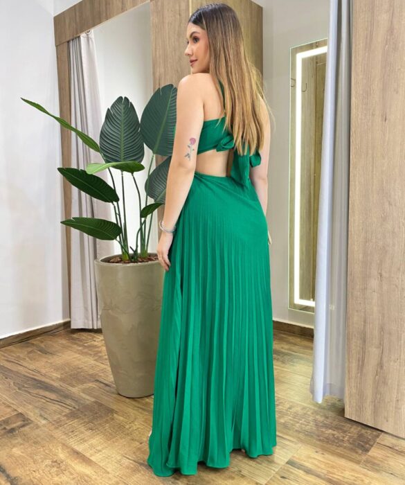 Vestido Feminino Longo Rita com Bojo e Detalhe Plissado Verde - Fernanda Ramos Store