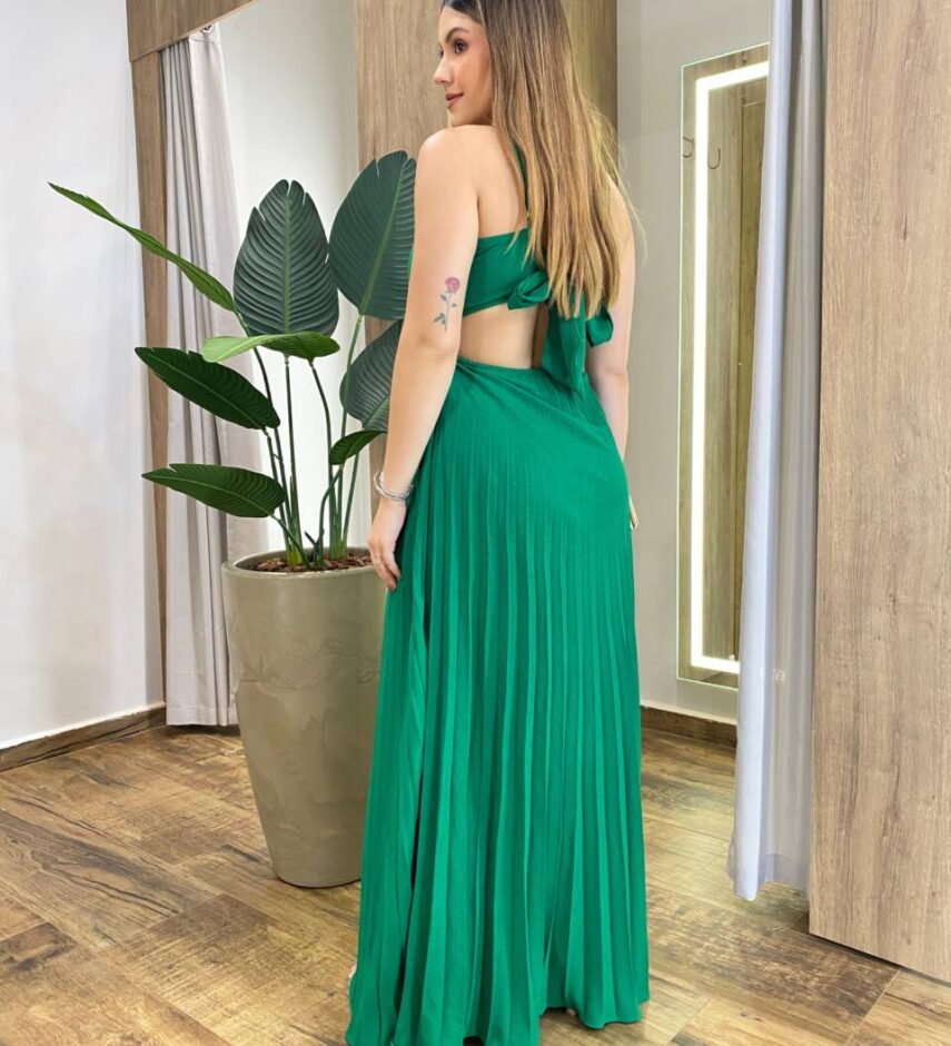 Vestido Feminino Longo Rita com Bojo e Detalhe Plissado Verde - Fernanda Ramos Store