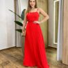 Vestido Feminino Longo Rita com Bojo e Detalhe Plissado Vermelho - Fernanda Ramos Store