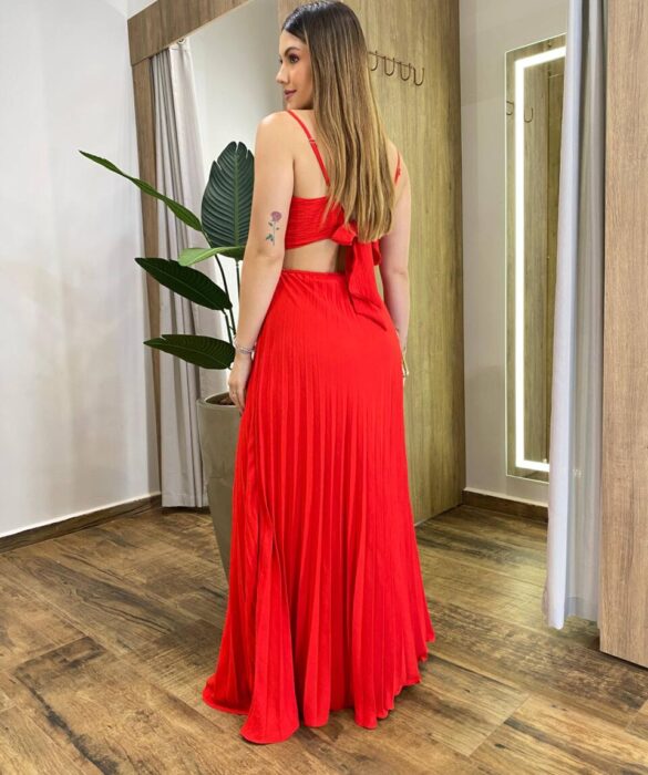 Vestido Feminino Longo Rita com Bojo e Detalhe Plissado Vermelho - Fernanda Ramos Store