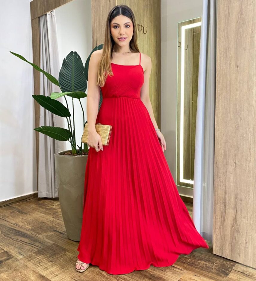 Vestido Feminino Longo Rita com Bojo e Detalhe Plissado Vermelho Carmim - Fernanda Ramos Store