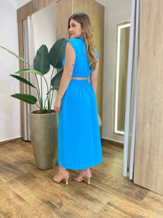 Vestido Feminino Midi Dandara sem Bojo com Botões e Abertura Azul - Fernanda Ramos Store