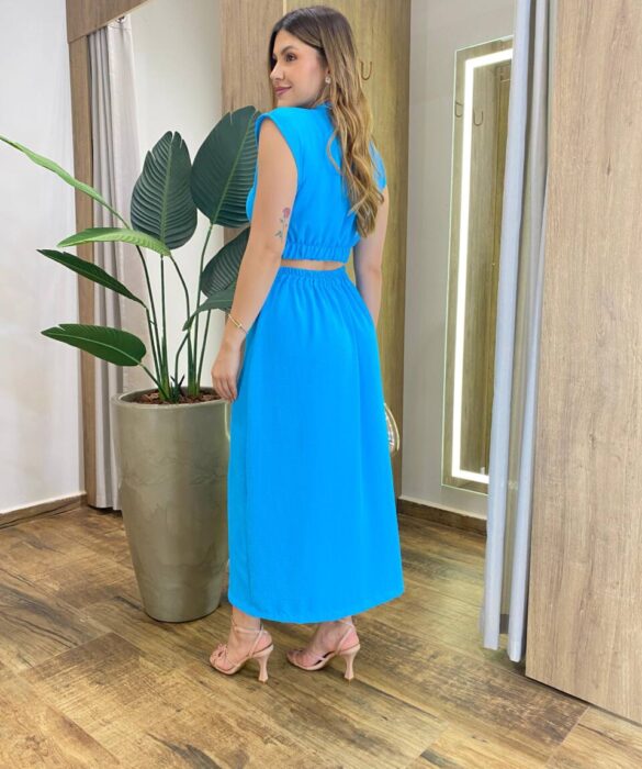 Vestido Feminino Midi Dandara sem Bojo com Botões e Abertura Azul - Fernanda Ramos Store