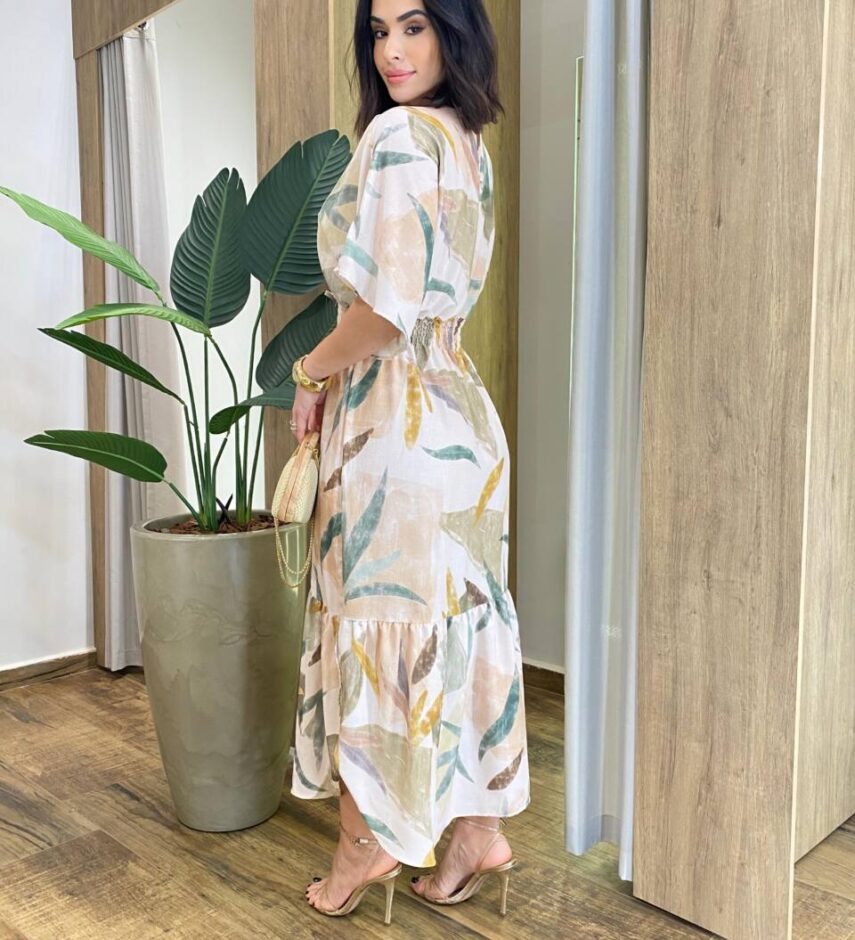 Vestido Feminino Midi Liza sem Bojo Manga 3/4 Bege Estampado - Fernanda Ramos Store