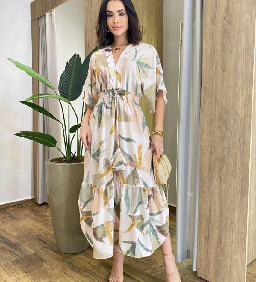 Vestido Feminino Midi Liza sem Bojo Manga 3/4 Bege Estampado - Fernanda Ramos Store