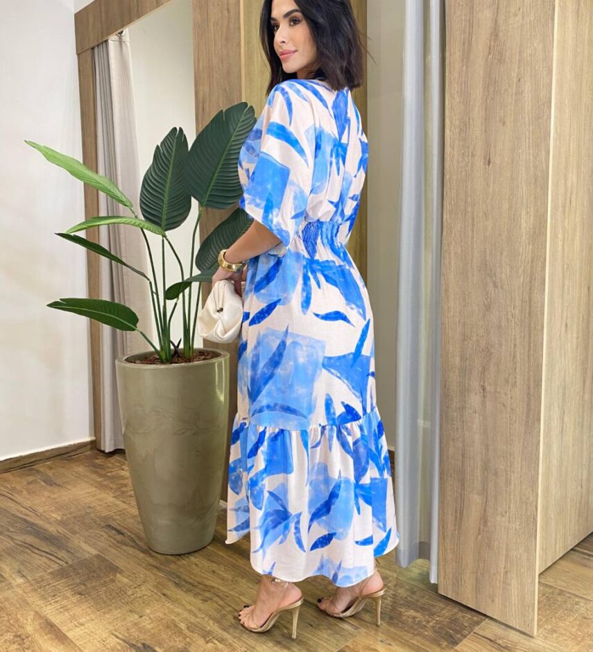 Vestido Feminino Midi Liza sem Bojo Manga 3/4 Estampado de Azul - Fernanda Ramos Store