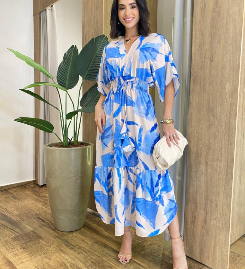 Vestido Feminino Midi Liza sem Bojo Manga 3/4 Estampado de Azul - Fernanda Ramos Store
