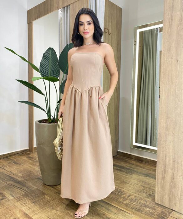 Vestido Feminino Midi Nina com Bojo Tomara que Caia Bege - Fernanda Ramos Store