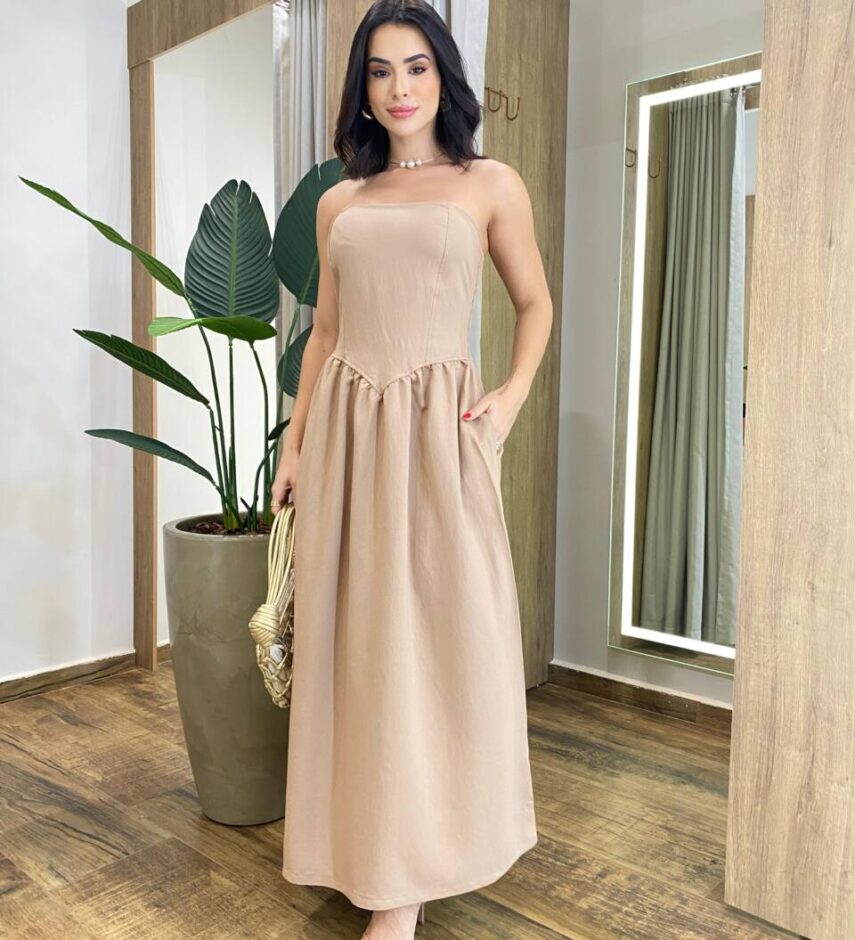 Vestido Feminino Midi Nina com Bojo Tomara que Caia Bege - Fernanda Ramos Store