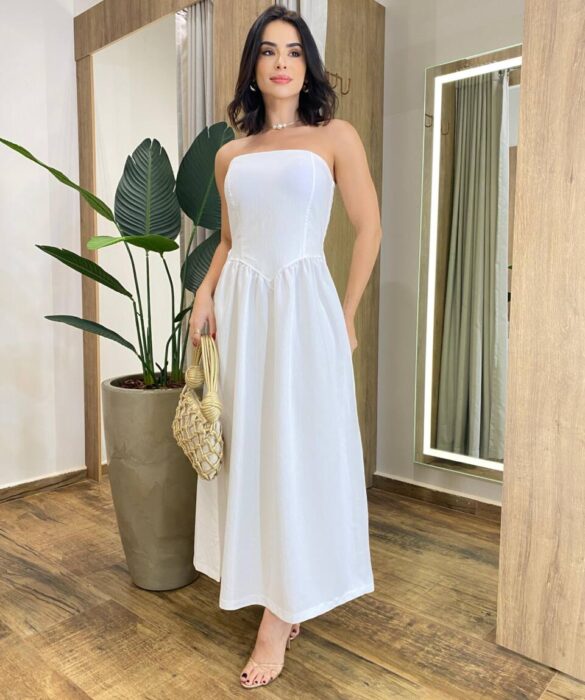 Vestido Feminino Midi Nina com Bojo Tomara que Caia Off White - Fernanda Ramos Store