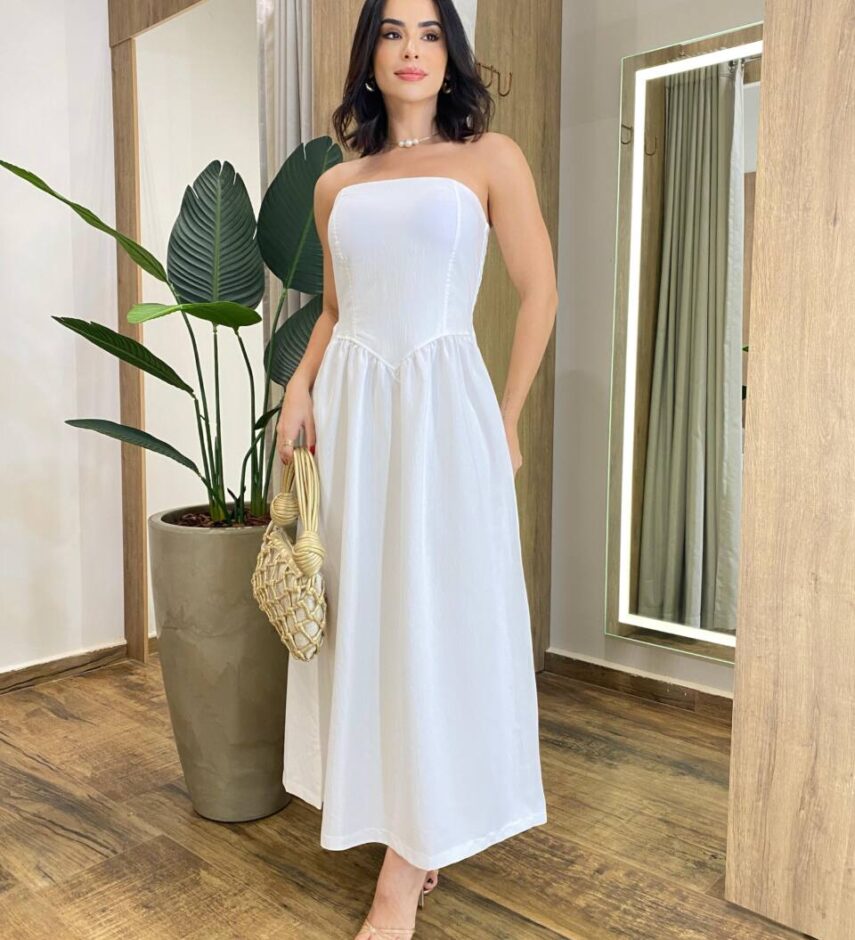 Vestido Feminino Midi Nina com Bojo Tomara que Caia Off White - Fernanda Ramos Store