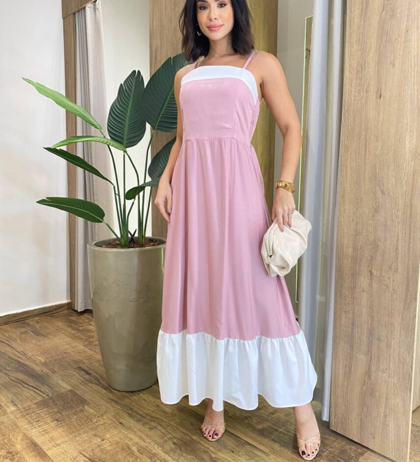 Vestido Feminino Midi Rafa sem Bojo Rosé com Detalhe Branco - Fernanda Ramos Store