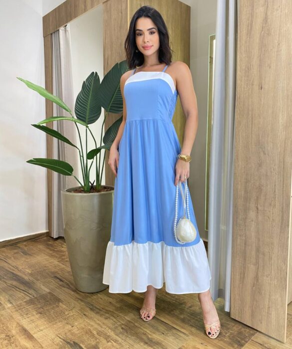 Vestido Feminino Midi Rafa sem Bojo Azul com Detalhe Branco - Fernanda Ramos Store