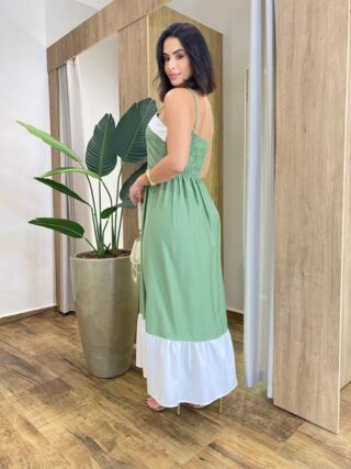 Vestido Feminino Midi Rafa sem Bojo Verde com Detalhe Branco - Fernanda Ramos Store
