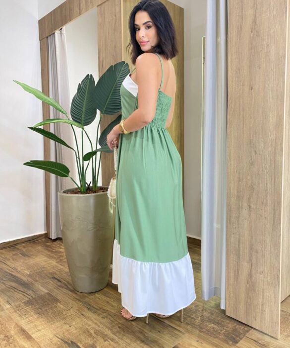 Vestido Feminino Midi Rafa sem Bojo Verde com Detalhe Branco - Fernanda Ramos Store