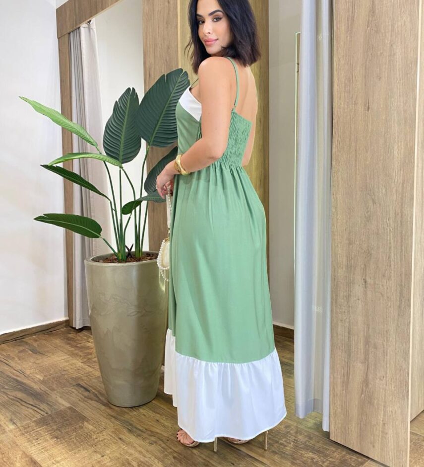 Vestido Feminino Midi Rafa sem Bojo Verde com Detalhe Branco - Fernanda Ramos Store