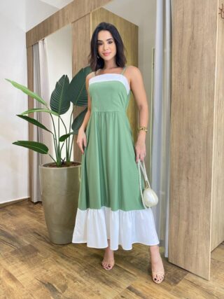 Vestido Feminino Midi Rafa sem Bojo Verde com Detalhe Branco - Fernanda Ramos Store