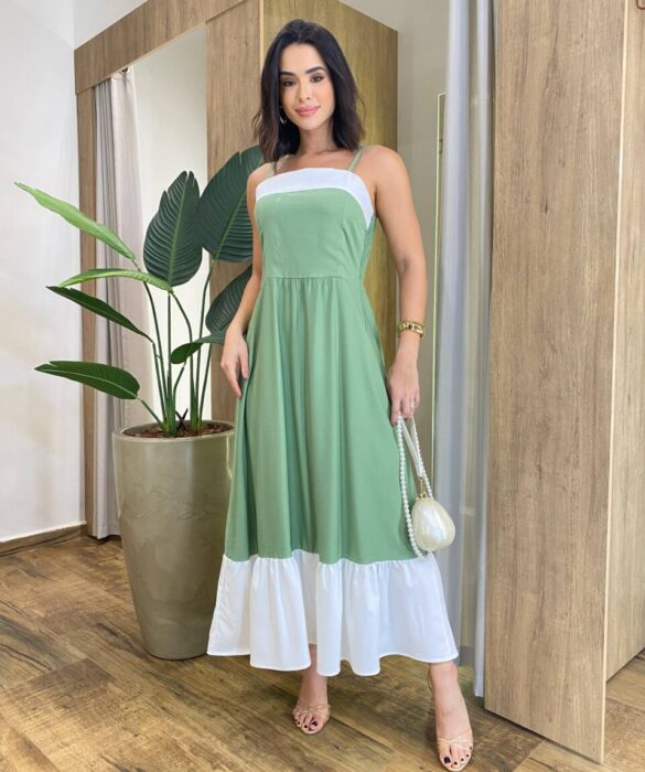 Vestido Feminino Midi Rafa sem Bojo Verde com Detalhe Branco - Fernanda Ramos Store