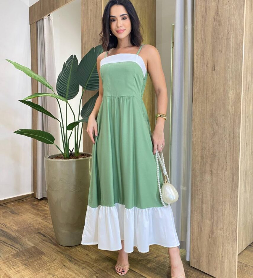 Vestido Feminino Midi Rafa sem Bojo Verde com Detalhe Branco - Fernanda Ramos Store