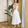 Vestido Feminino Midi Sarja com Elastano Off White Detalhe de Laço - Fernanda Ramos Store