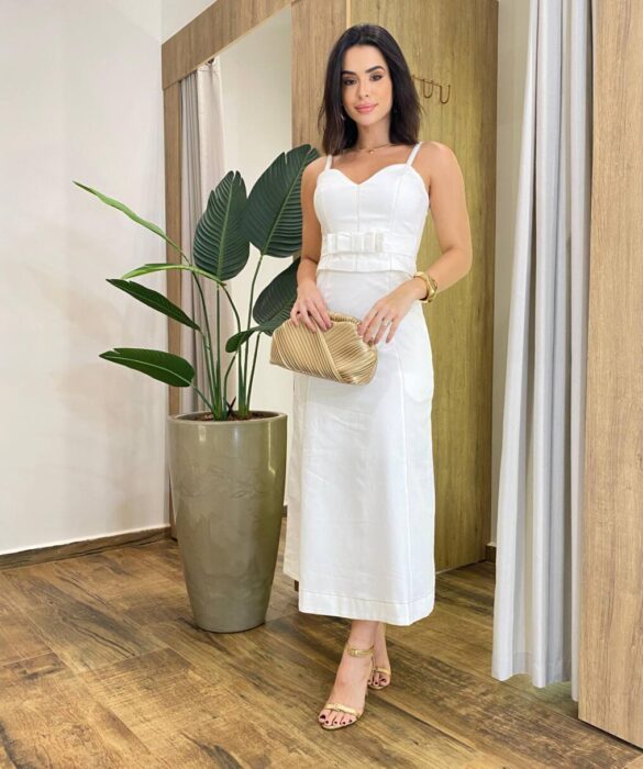 Vestido Feminino Midi Sarja com Elastano Off White Detalhe de Laço - Fernanda Ramos Store