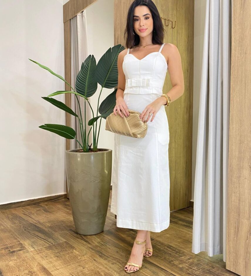 Vestido Feminino Midi Sarja com Elastano Off White Detalhe de Laço - Fernanda Ramos Store