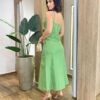 Vestido Feminino Midi Sarja com Elastano Verde Detalhe de Laço - Fernanda Ramos Store