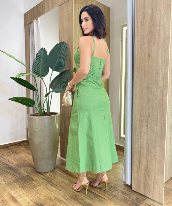 Vestido Feminino Midi Sarja com Elastano Verde Detalhe de Laço - Fernanda Ramos Store