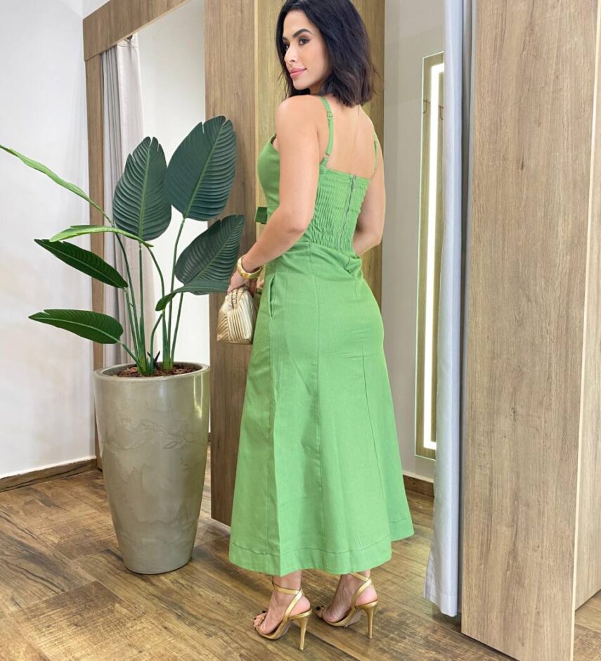 Vestido Feminino Midi Sarja com Elastano Verde Detalhe de Laço - Fernanda Ramos Store