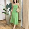 Vestido Feminino Midi Sarja com Elastano Verde Detalhe de Laço - Fernanda Ramos Store