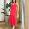 Vestido Feminino Midi Sarja com Elastano Vermelho Detalhe de Laço - Fernanda Ramos Store