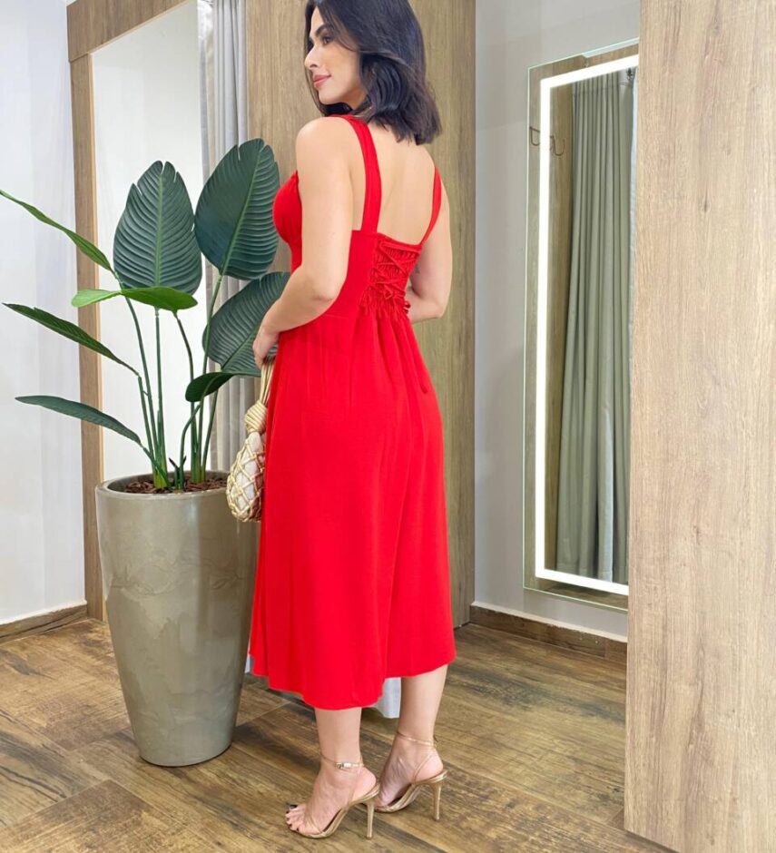 Vestido Feminino Midi Valentina com Bojo e Fenda Vermelho - Fernanda Ramos Store