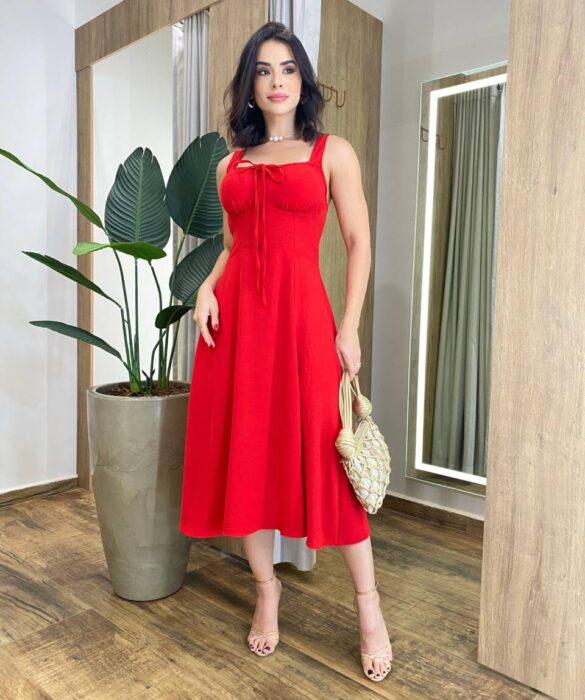 Vestido Feminino Midi Valentina com Bojo e Fenda Vermelho - Fernanda Ramos Store