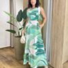 Vestido Longo Bia Nula Manga sem Bojo com Lastex Estampado de Verde - Fernanda Ramos Store