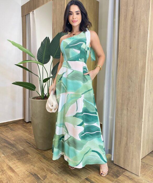 Vestido Longo Bia Nula Manga sem Bojo com Lastex Estampado de Verde - Fernanda Ramos Store