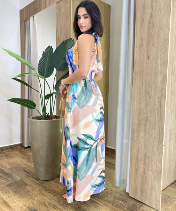 Vestido Longo Bia Nula Manga sem Bojo com Lastex Nude Estampado - Fernanda Ramos Store