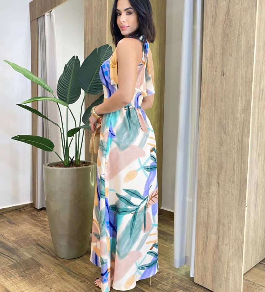 Vestido Longo Bia Nula Manga sem Bojo com Lastex Nude Estampado - Fernanda Ramos Store
