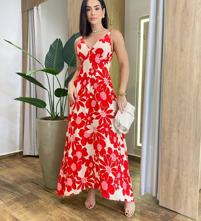 Vestido Longo Celine sem Bojo Alça Regulável com Lastex Estampado - Fernanda Ramos Store