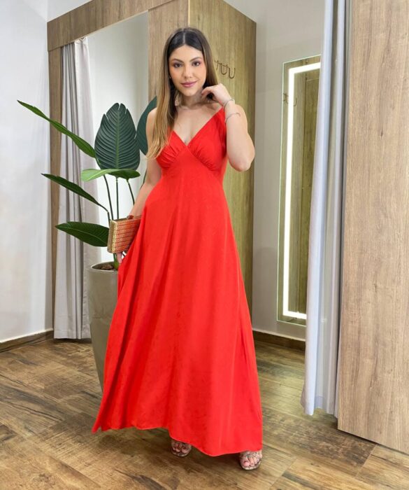 Vestido Longo Celine sem Bojo Alça Regulável com Lastex Vermelho - Fernanda Ramos Store