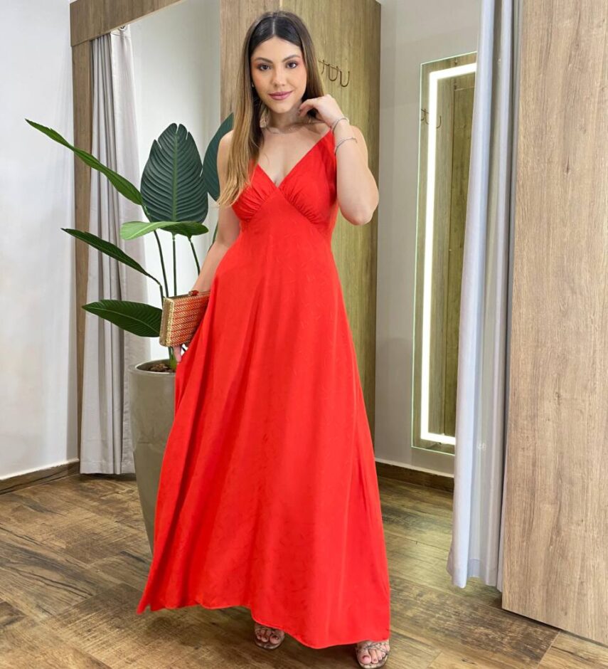 Vestido Longo Celine sem Bojo Alça Regulável com Lastex Vermelho - Fernanda Ramos Store