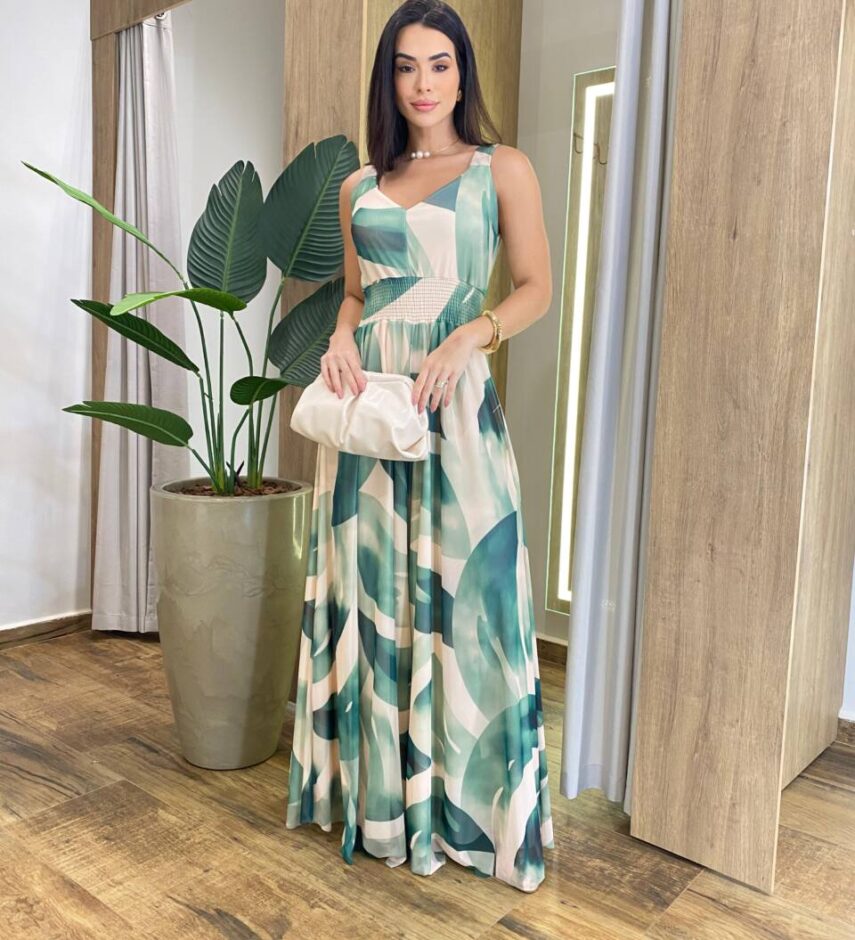 Macacão Longo Ivana Tule sem Bojo com Lastex Estampado de Verde - Fernanda Ramos Store