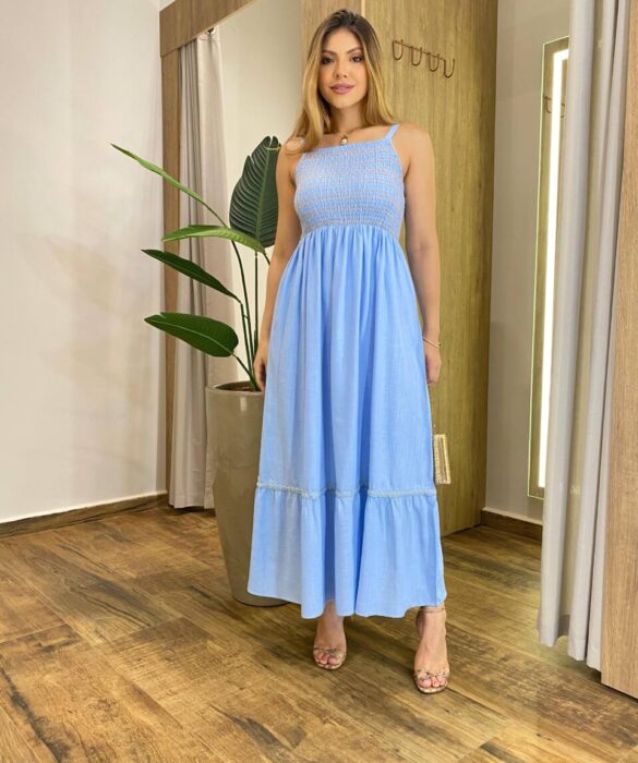 Vestido Longo Lily Viscolinho sem Bojo com Lastex Azul - Fernanda Ramos Store