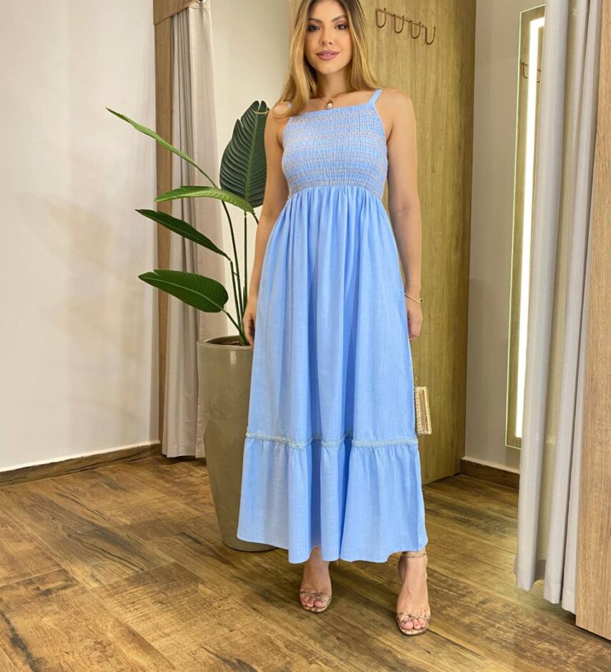 Vestido Longo Lily Viscolinho sem Bojo com Lastex Azul - Fernanda Ramos Store