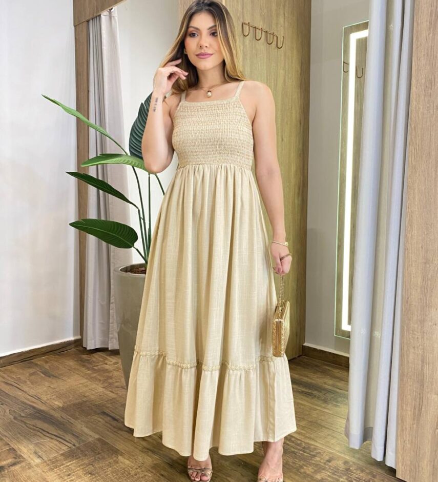 Vestido Longo Lily Viscolinho sem Bojo com Lastex Bege - Fernanda Ramos Store